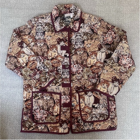 Blair Jackets & Blazers - Blair Womens Medium Vintage Tapestry Cat Print Jacket Brown Burgundy Woven